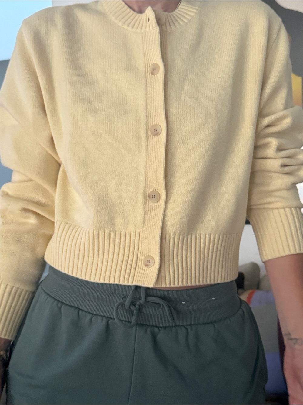 Cropped Yellow Button-Front Cardigan